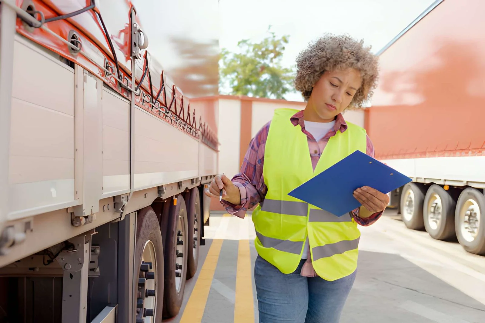 A worker reviewing a checklist beside freight trailers